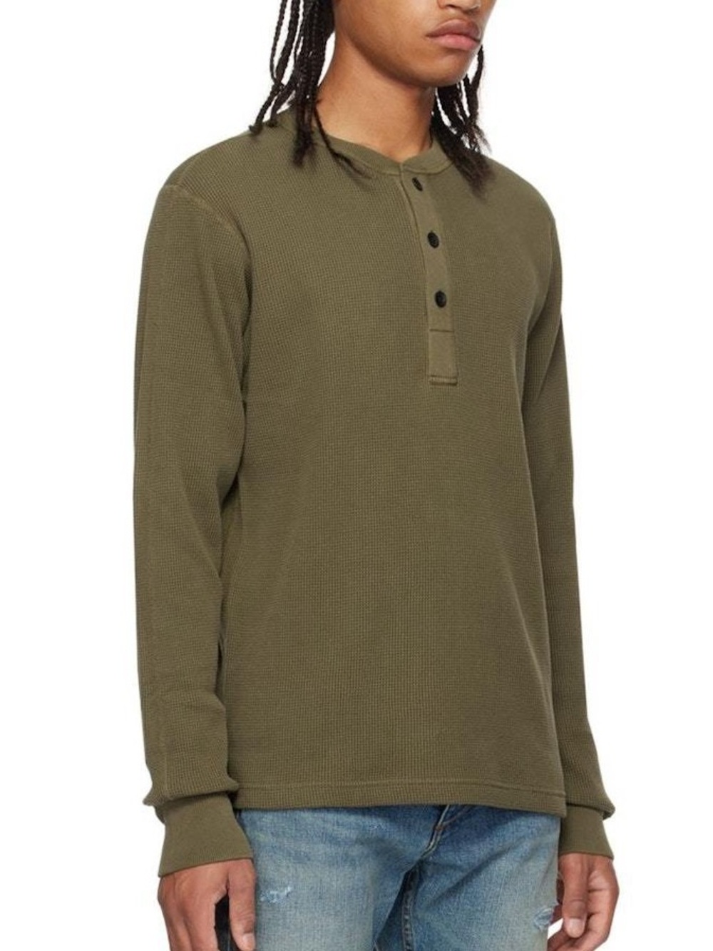 Rag & Bone Men's Waffle Knit Olive Green Henley Cotton Sweater, M
